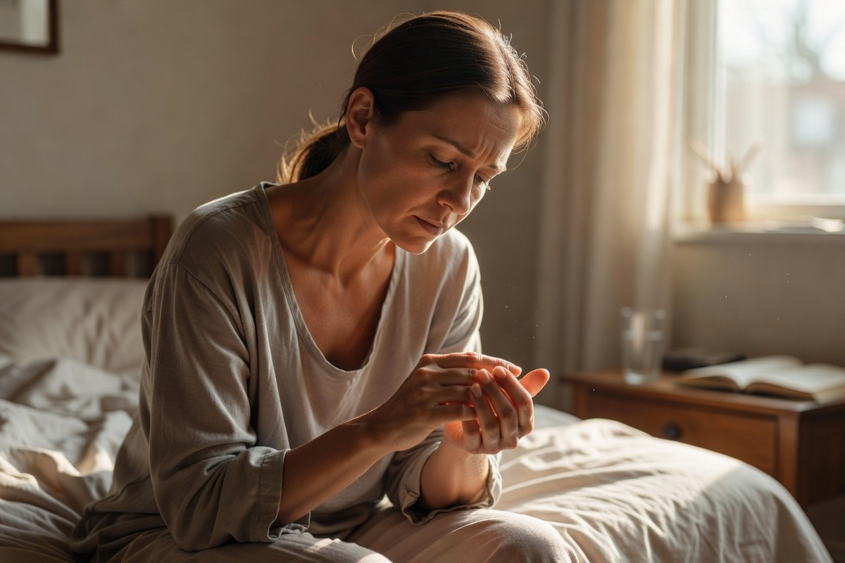 Femme épuisée se masse les doigts fourmillants au réveil dans chambre lumineuse