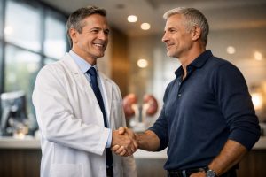 Urologue serre main patient confiant dans cabinet moderne après consultation positive.