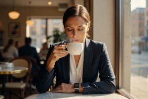 Femme professionnelle s'arrête dans café lumineux, observe montre à 11h11 avec regard introspectif et calme.