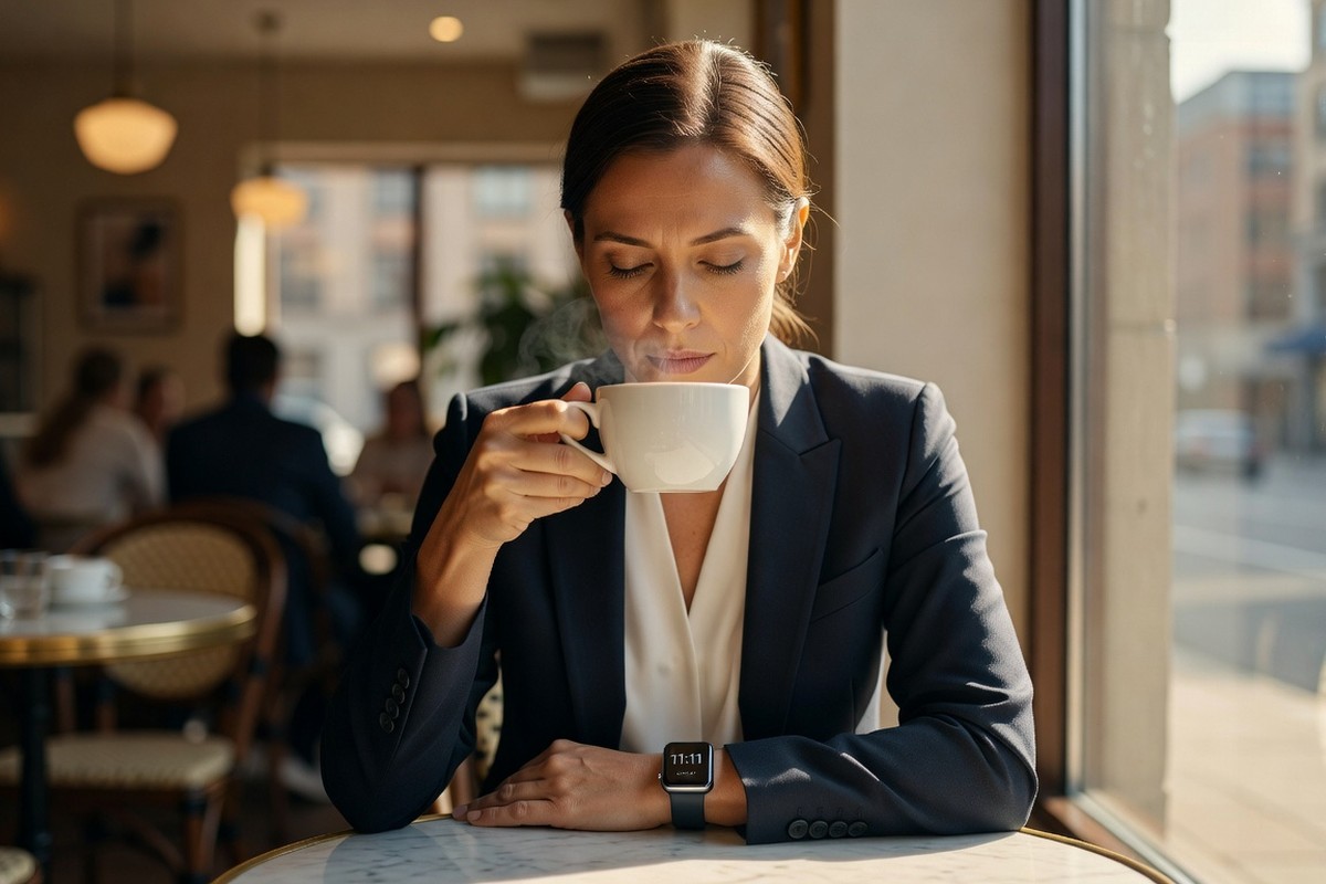 Femme professionnelle s'arrête dans café lumineux, observe montre à 11h11 avec regard introspectif et calme.