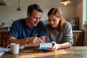Homme et sœur configurent virements automatiques bancaires sur tablette dans cuisine moderne lumineuse.