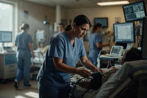 Infirmière fatiguée examinant un patient dans un service d'urgence animé