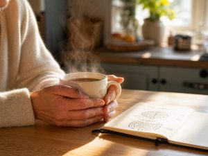 Tasse de café fumante tenue à deux mains au petit matin, carnet ouvert avec croquis intestin-cerveau, illustrant l'étude 2026 sur café, microbiote et humeur