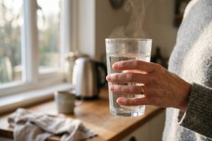 Main tenant un verre d’eau chaude fumante dans une cuisine lumineuse au petit matin