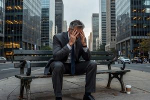 Homme d'affaires épuisé assis seul sur banc urbain, tête dans les mains, signes de burn-out professionnel.