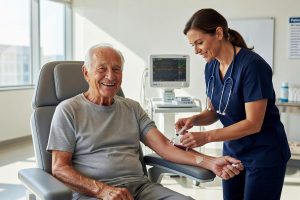 Infirmière prélève sang d'une centenaire active dans clinique moderne ensoleillée.