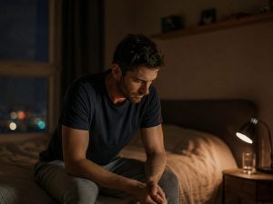 Homme seul face aux troubles de l'érection, hésitant à consulter un médecin