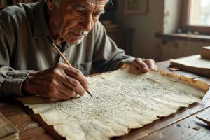 Un érudit traçant les lignes du Cube de Metatron sur parchemin ancien