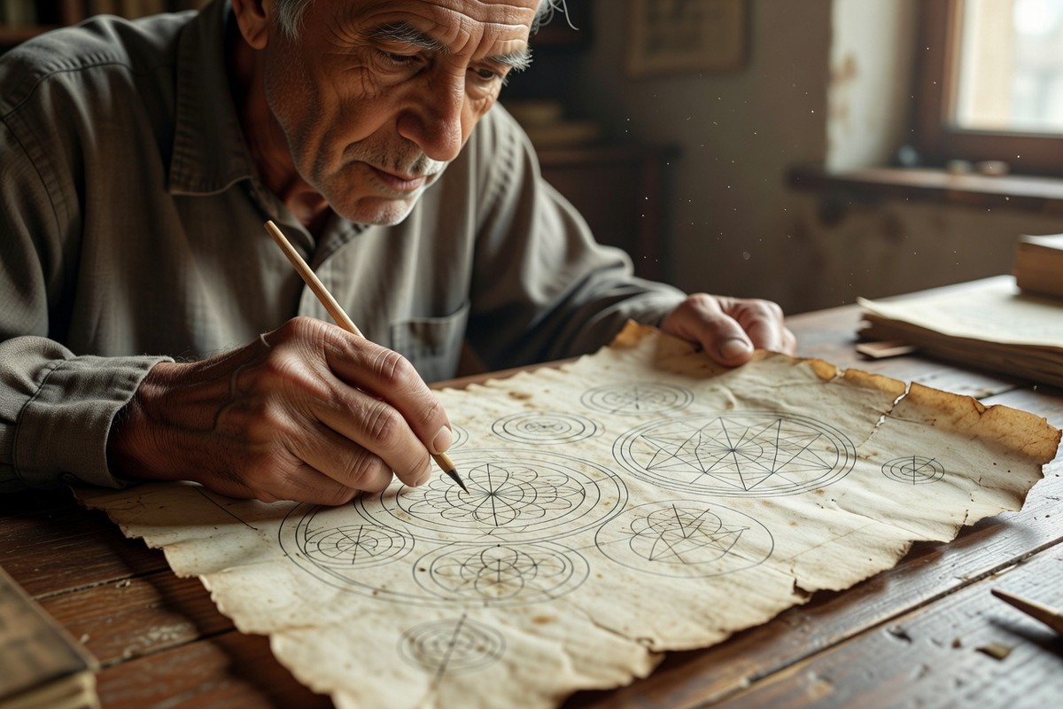 Un érudit traçant les lignes du Cube de Metatron sur parchemin ancien