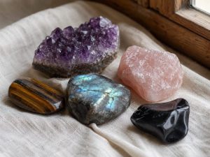 Cinq pierres naturelles (améthyste, quartz rose, labradorite, oeil de tigre, obsidienne) posées sur un tissu en lin près d'une fenêtre, lumière naturelle du matin.