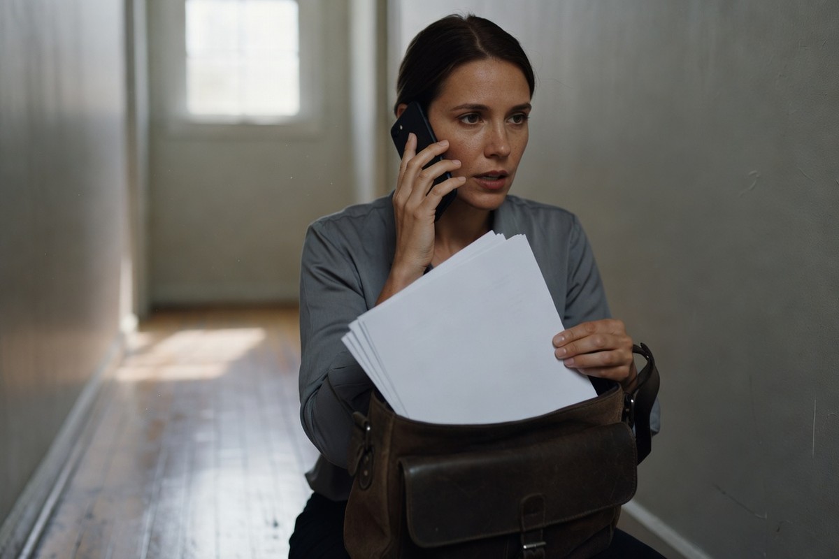 Femme rassemblant ses papiers avant de quitter discrètement son domicile