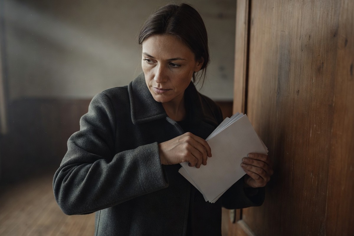 Femme glissant discrètement des documents dans sa poche près d'une porte fermée.