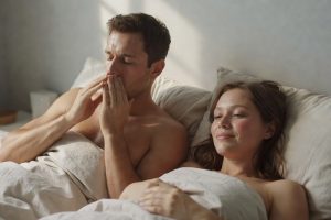 Homme pratiquant respiration lente aux côtés de sa partenaire intime