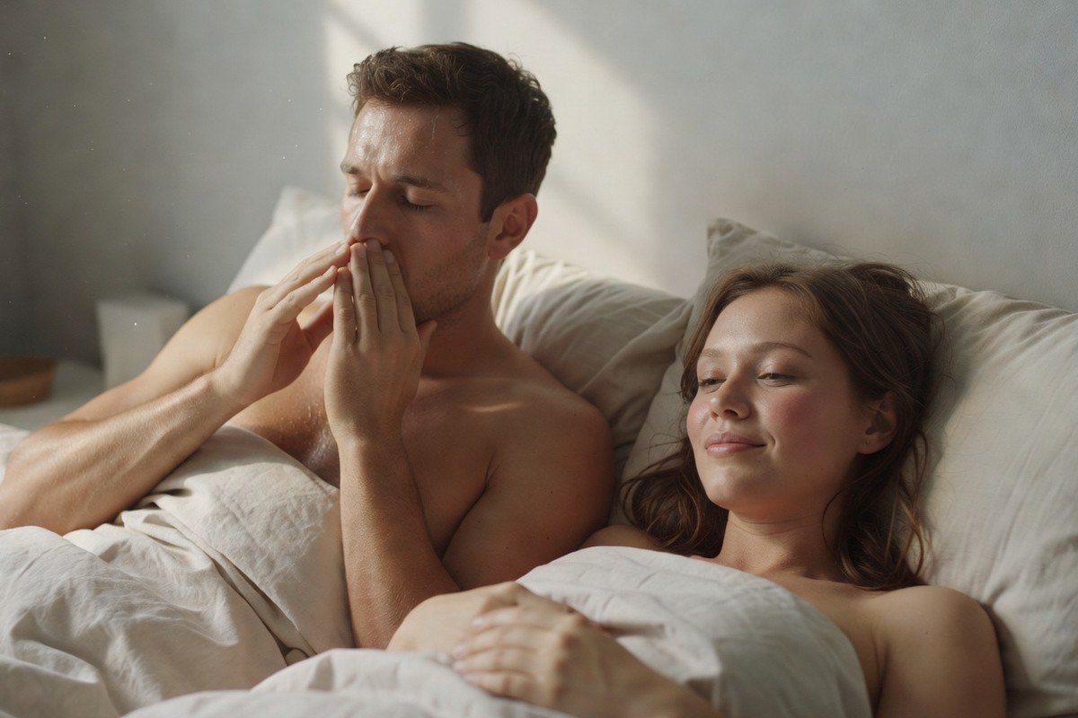 Homme pratiquant respiration lente aux côtés de sa partenaire intime