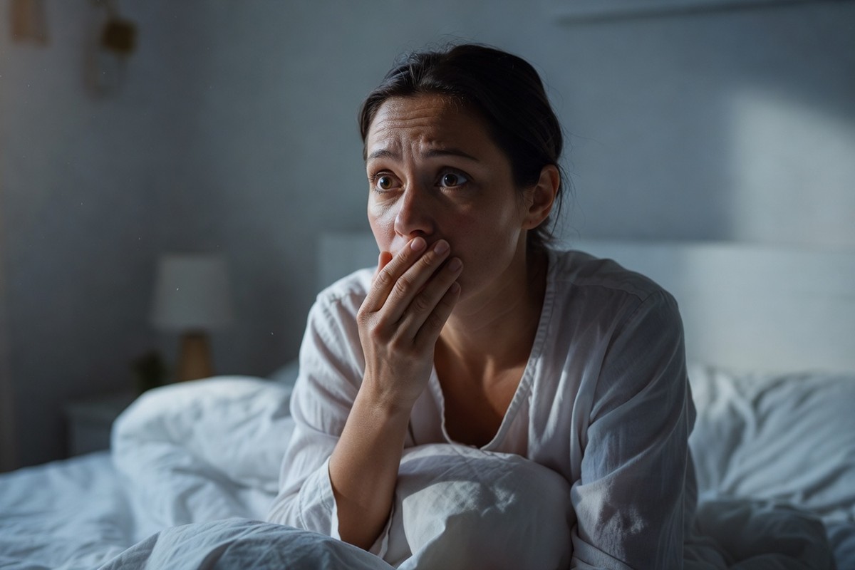 Femme se réveillant surprise dans son lit moderne, main sur la bouche.