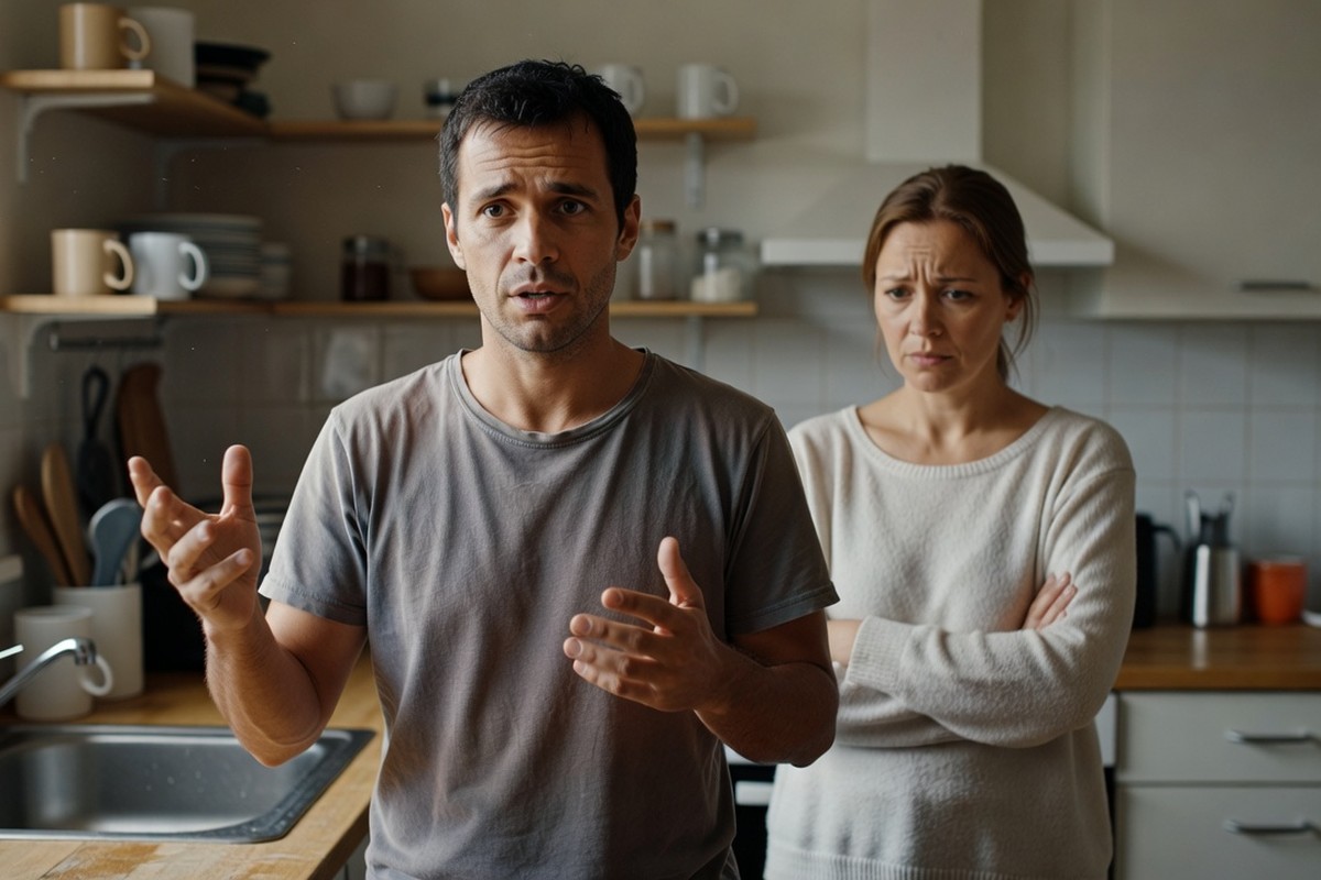 Homme gesticulant devant sa partenaire inquiète dans une cuisine moderne