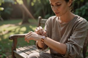Une femme ajustant un bracelet en cuivre sur son poignet en extérieur