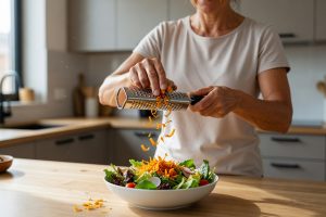 Nutritionniste râpant du curcuma frais sur une salade colorée