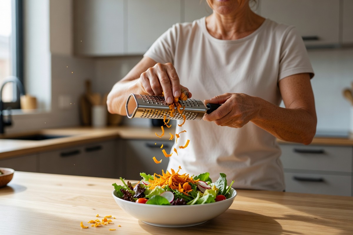 Nutritionniste râpant du curcuma frais sur une salade colorée