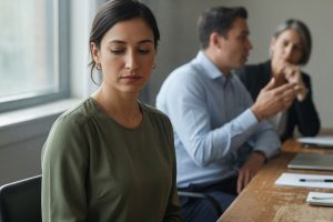 Femme concentrée à une table de réunion en pleine pause respiratoire