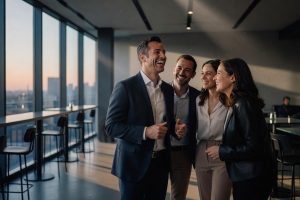 Homme souriant entouré de nouveaux amis dans un bar moderne au crépuscule