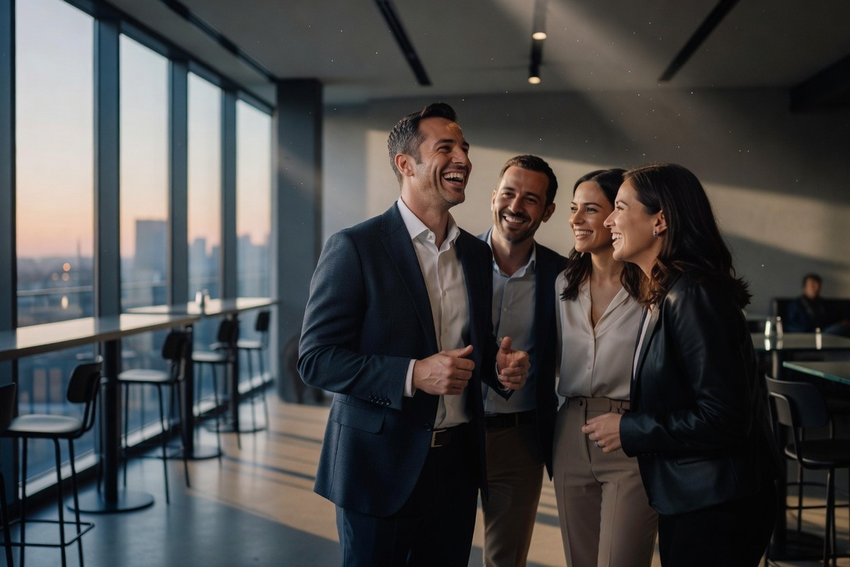 Homme souriant entouré de nouveaux amis dans un bar moderne au crépuscule