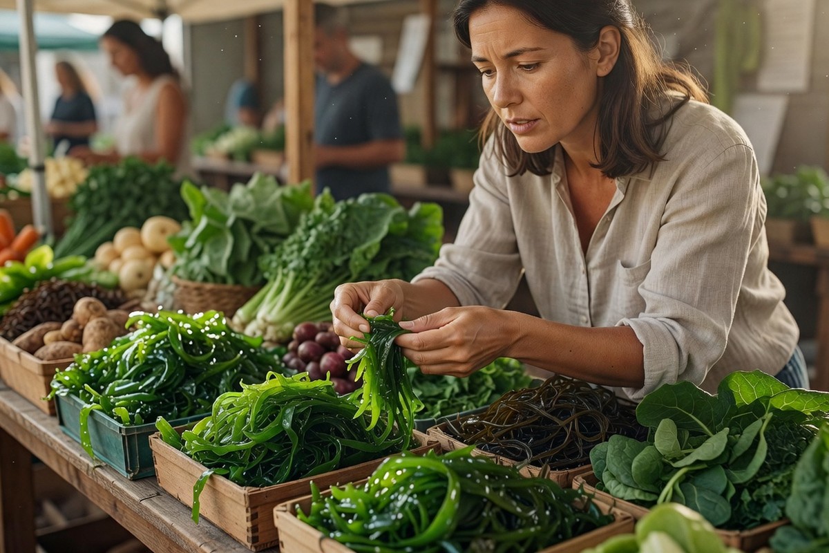 Femme choisissant des algues fraîches au marché pour la thyroïde.