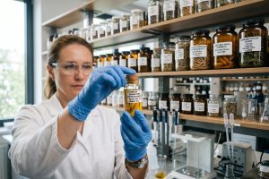 Chercheur manipulant un extrait standardisé de plante médicinale dans un laboratoire européen de phytothérapie moderne.
