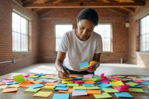 Adulte notant des idées dispersées sur des post-it dans un loft lumineux