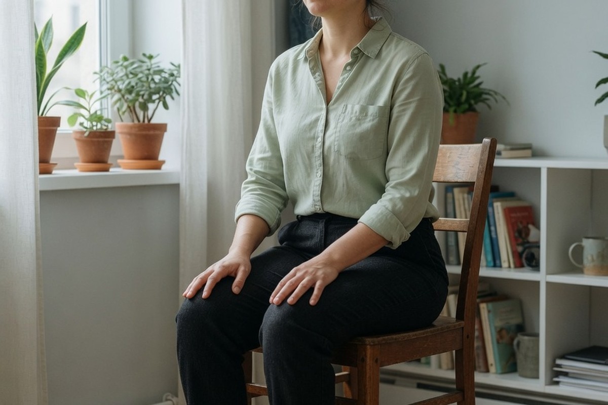 Femme assise droite sur une chaise en posture attentive près d'une fenêtre
