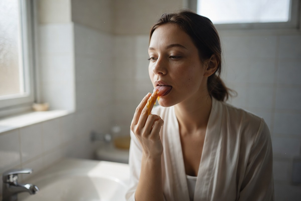 Femme appliquant du miel sur sa langue dans une salle de bain lumineuse
