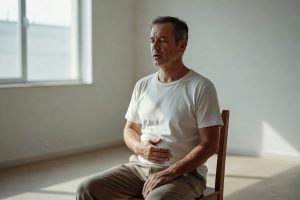 Homme assis pratiquant la respiration diaphragmatique pour améliorer l'oxygénation sanguine
