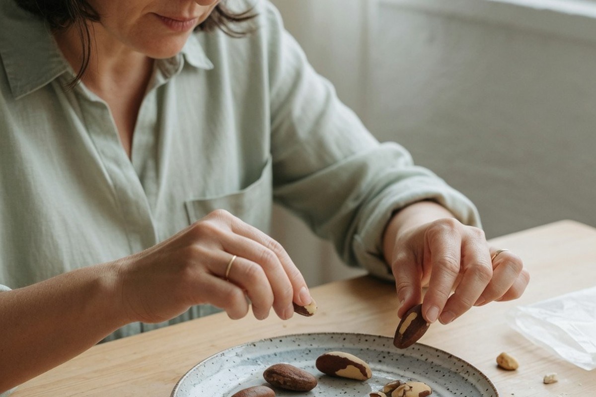 Femme comptant sept noix du Brésil sur une assiette en céramique à la lumière naturelle.
