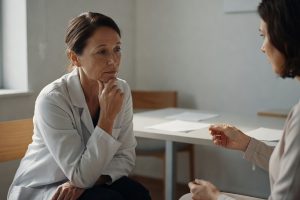 Psychiatre observant les gestes d'un patient en consultation clinique sereine.