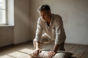 Homme en réflexion spirituelle ajustant sa posture dans une pièce lumineuse
