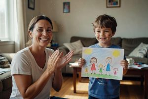 Mère applaudissant son fils avec un dessin dans un intérieur moderne