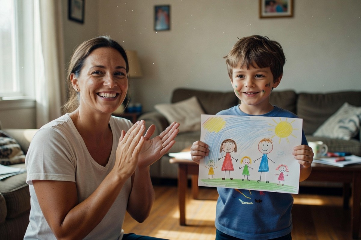 Mère applaudissant son fils avec un dessin dans un intérieur moderne