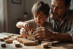 Père aidant son fils à se concentrer sur une activité créative