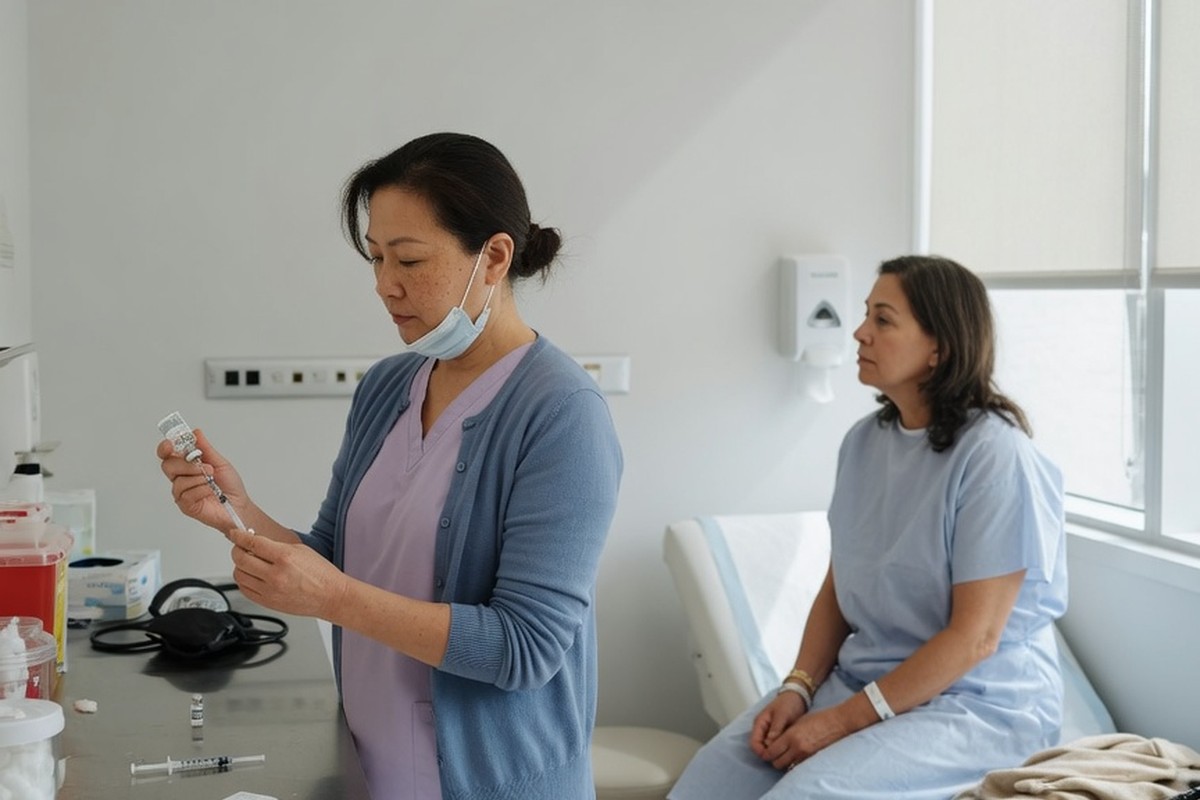 Infirmière préparant une seringue pour une patiente en clinique