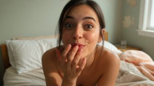 Femme touchant ses lèvres, regard fasciné juste après un baiser