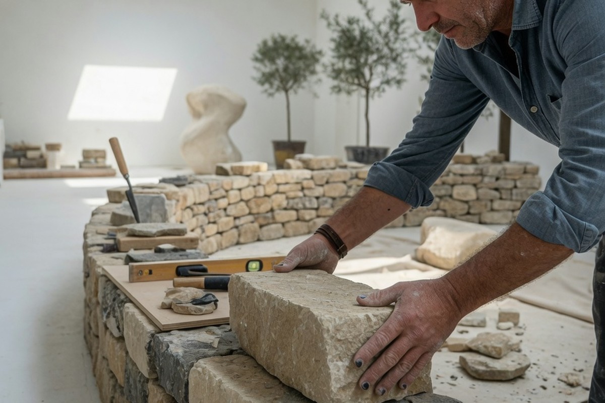 Artisan alignant des blocs de pierre dans un atelier lumineux