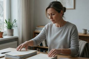 Femme alignant des documents sur un bureau en bois sous lumière douce