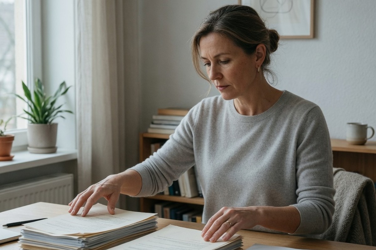 Femme alignant des documents sur un bureau en bois sous lumière douce