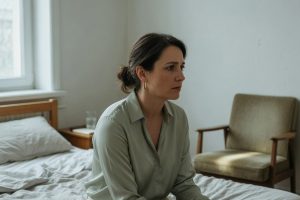 Femme assise sur son lit regardant un fauteuil vide