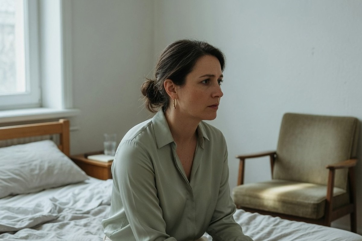 Femme assise sur son lit regardant un fauteuil vide
