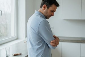 Homme seul dans une cuisine minimaliste, bras croisés, lumière douce