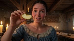 Jeune femme tendant une tranche de pomme après une danse villageoise
