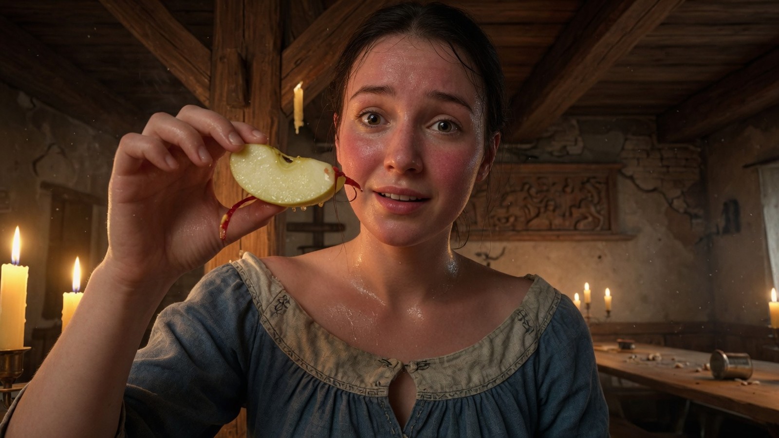 Jeune femme tendant une tranche de pomme après une danse villageoise