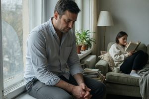 Homme assis sur un rebord de fenêtre regardant vers le bas dans un intérieur calme