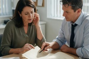 Médecin et patient examinant un document médical dans un cabinet